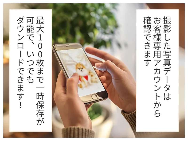 撮影した写真データはお客様専用アカウントから確認できます 最大100枚まで一時保存が可能で、いつでもダウンロードできます！